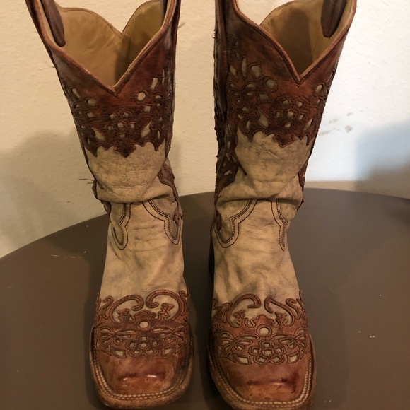 Cognac Laser Overlay Square Toe Boots - Picture 4 of 7